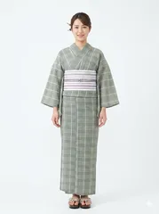 浴衣 単品 女性用 仕立て上がり しじら織 綿85％ 麻15％ 格子模様 くすみグリーン bonheur saisons 夏祭り NO43070のサムネイル