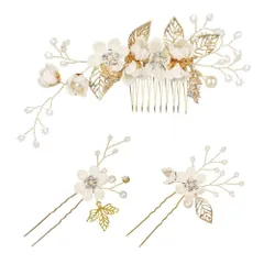 特価商品　3点セット 髪飾り 和装髪飾り ヘアアクセサリー 花 パール Uピン ヘアピン ヘッドドレス かんざし ヘアコーム 造花飾り 披露宴 卒業式 CHANGJIQ 入学式 成人式 結婚式 花嫁 和装 浴衣 普段使い 和風 小物 (ホワイト)
