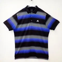 古着　adidas アディダス　メンズ半袖ポロシャツ　Lサイズ　ボーダー　ブラック系　ブルー系　スポーツポロシャツ　アディダスゴルフ