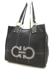 希少　Salvatore Ferragamo　フェラガモ　トートバッグ　ダブルガンチーニ　ガンチーニ金具　編み込みハンドル　　キャンバス×レザー　ブラック系　1848