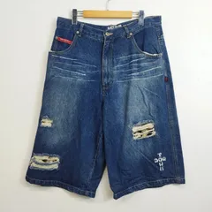 00s DOG TOWN ダメージ加工 バギー デニム ハーフ パンツ ジーンズ クラッシュ 和柄 ドクロ スカル 刺繍 Y2K グランジ JORTS 平成 インディゴ F E320のサムネイル
