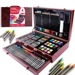 新品 PHOENIX 140ピース デラックスアートセット 木製収納ケース付き  水彩絵具、オイルパステル、色鉛筆、クレヨン、ブラシ＆アクセサリー（デッサン・絵画・スケッチ用）のサムネイル