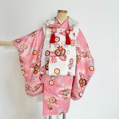 【中古品】フルセット　七五三　７歳女の子　ピンク 花 蝶　袋帯　長襦袢小物セット 中古品】フルセット 七五三 7歳女の子 ピンク 花 蝶 袋帯 長襦袢小物