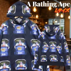 A Bathing Ape アベイシングエイプ 総柄 フーディー プルオーバーパーカー Lサイズ ネイビーのサムネイル