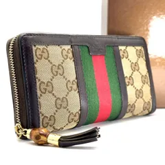 【余裕は細部に宿る】　GUCCI　シェリーライン GGキャンバス バンブー タッセル ラウンドファスナー 長財布 12カード　ベージュ ブラウン