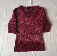 90s　vintage　ヴィンテージ古着　レッド　マルチカラー　グラデーション　ファー　Vネック　半袖シャギーニット　セーター　フリーサイズ　一点物　フェアリーグランジ　Y2K　サブカル　short sleeve multi color shaggy knit