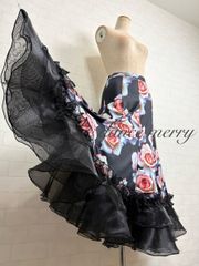 社交ダンス スカート ブラック ブルー 花柄 オーガンジー モダン