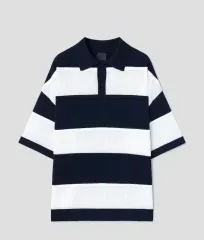 S ジュンジ 26SS コレクション ストライプ Tシャツ カラー ニット ショートスリーブ ネイビー