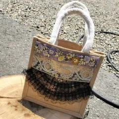 インドリボン刺繍　ジュートバック