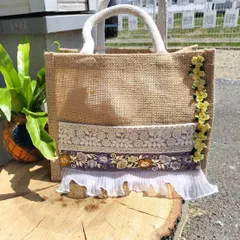 インド刺繍リボン　ジュートバック