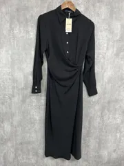 美品 MNG マンゴ タグ付 長袖 ドレープ Iライン ワンピース sizeS/黒 ◇■ レディース