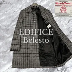 EDIFICE Belesto エディフィス Harris Tweed ハリスツイード ステンカラーコート ロングコート 千鳥格子 ハウンドトゥース チェック ウール グレー系 灰色系 サイズ44 S相当