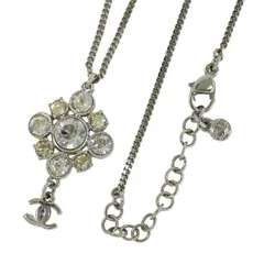 本物 シャネル CHANEL ココマーク フラワー モチーフ ラインストーン ネックレス ペンダント メタル シルバー金具 アクセサリー ジュエリー 中古・