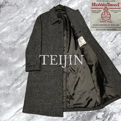 TEIJIN テイジン Harris Tweed ハリスツイード ステンカラーコート ロングコート 千鳥格子 ハウンドトゥース ウール 比翼ボタン チンストラップ付き グレー系 灰色系 サイズL