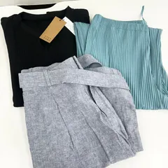 【衣類まとめ売り3点セット】ユニクロ LARU ベルテッド リネンコットン ワイドストレート プリーツ ストレート パンツ  ボトムス ノースリーブ ワンピース ブルー系 ブラック サイズLL-3L/XXL レディース