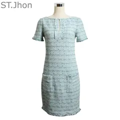 美品 セントジョン ST.Jhon ワンピース ドレス ツイード ニット ボーダー柄 タイト ボートネック 半袖 膝丈 グリーン系 ブルー系 サイズ2 レディースのサムネイル