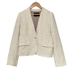 美品 UNITED ARROWS ユナイテッドアローズ グリーンレーベルリラクシング ノーカラーツイードジャケット サイズ38 オフホワイト レディース 古着 中古 USED