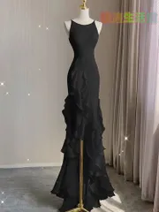 【セール】ワンピース キャミソール フリル ロングワンピース 無地 パーティードレス ロング丈 ノースリーブ ブラック 結婚式 二次会 lf515
