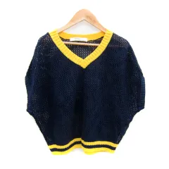 セレーヌデプト SERENE Dept. ニット カットソー 半袖 Vネック 透かし編み リネン 1 紺 ネイビー /SY2のサムネイル