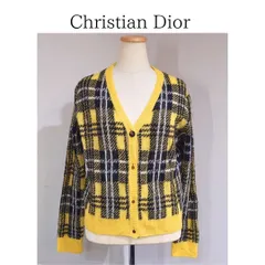 Christian Dior クリスチャン ディオール CD ニット カーディガン ショート丈 イエロー ブラック チェック モヘア ウール 穴あき無しのサムネイル
