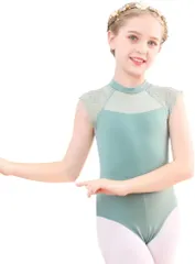 Uccellino キッズ レオタード バレエ ダンス レース 子供 衣装 練習用 股下スナップ 新体操 発表会 (ブルーグリーン,  160cm)のサムネイル