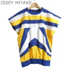 美品 イッセイミヤケ ISSEY MIYAKE Tシャツ カットソー トップス ドルマンスリーブ クルーネック 半袖 総柄 ストレッチ イエロー×ブルー×ホワイト サイズ2 メンズのサムネイル