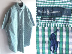 希少 00sビンテージ Ralph Lauren ラルフローレン CLASSIC FIT ロゴ刺繍 半袖 チェックシャツ BDシャツ L グリーン ブルー RN41381 USA企画