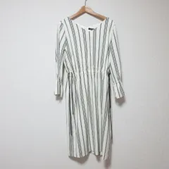 美品 LAUTREAMONT ロートレアモン ストライプ 長袖 シャーリング ミディワンピース 40 ホワイト ブラック レディース 古着 中古 USED