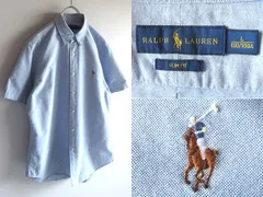 RALPH LAUREN ラルフローレン SLIM FIT ポロポニーロゴ刺繍 半袖 オックスフォードシャツ BDシャツ L サックスブルー 国内正規品