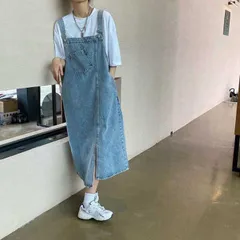 デニムジャンパースカート デニムサロペット スカート ワンピース   体型カバー デニムワンピース   デニム ポケット付き オールインワン カジュアル レイヤード レディース 無地重ね着 着回し #htuuo