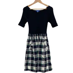 良品 BLUE LABEL CRESTBRIDGE ブルーレーベルクレストブリッジ 半袖 ひざ丈 チェックコンビ ニットワンピース 38 ネイビー レディース 古着 中古 USED