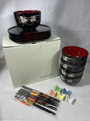 YUMI KARSURA 桂由美　正和　7.5木目半月おりべ箸置セット　カトレア　どっしり椀　多用盆　箸置き　箸　5点セット　丼　お椀　汁椀　椀　お盆　盆　和食器　漆器　昭和レトロ　昭和　レトロのサムネイル