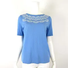 マダムジョコンダ MADAM JOCONDE ニット トップス サマーセーター 刺繍 カットワーク 半袖 L 40 水色 ライトブルー オフ白のサムネイル