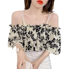 [ReiLuana] オフショル ブラウス レディース Tシャツ トップス 肩見せ パール ストラップ 夏 (JP, アルファベット, L, ブラック) [ブラック] [L]