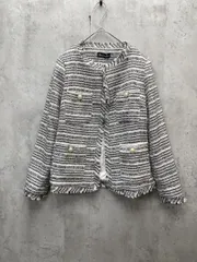 新品 DAY CLOSET デイクローゼット ボーダー パール フリンジ ラメ糸入り きれいめ ノーカラーツイード風 ジャケット sizeS/白ｘ黒 ■◇◎レディース