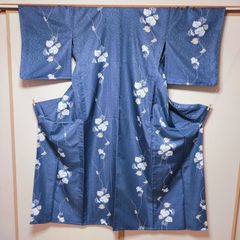 A 夏物 レトロ 萩の葉模様 青色系 絽 紗 薄物 正絹 小紋 着物 K162