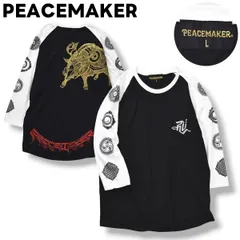 ピースメーカー PEACEMAKER 七分袖 ラグランT Tシャツ カットソー クルーネック ラウンドヘム 猪鹿蝶 トライバル ロゴ プリント L ブラック x ホワイト ストリート ロック パンク メンズのサムネイル