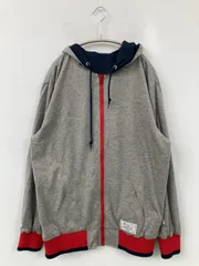Champion チャンピオン ブルゾン XL グレー スウェット ナイロン 前面プリント バックプリント ブランドロゴ ライン柄 ミドル丈 フードあり ジップアップ メンズ