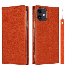【新品】 Elick iPhone 12 mini 適用 ケース 手帳型 高級牛革 アイフォン 12 ミニ ケース 手帳型 本革 マグネット式 スタンド機能 カード収納 ストラップ付き iPhone12 mini ケース カバー オレンジ