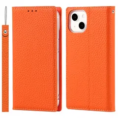 【新品】 Elick iPhone 13 適用 ケース 手帳型 高級牛革 アイフォン 13 ケース 手帳型 本革 マグネット式 スタンド機能 カード収納 ストラップ付き iPhone 13 手帳型 ケース カバー オレンジ