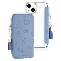 【新品】 iphone16 財布型ケース おしゃれ 花柄 レザー カメリア 素敵 6.1インチ 押し型 メッキ加工 メタル枠 アイフォン16 手帳型携帯ケース 薄型 軽量 ワイヤレス対応 マグネットなし 真珠タッセル付き iphone16 手帳型スマホケース 