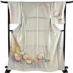 訪問着 身丈165.5cm 裄丈67.5cm L 袷 松井青々 落款 牡丹 枝梅 金彩 ぼかし 灰色 正絹 逸品 【中古】のサムネイル