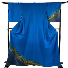 付下げ 身丈164.5cm 裄丈68cm L 袷 斉藤三才 落款 枝花 金彩 染め分け 青 正絹 名品 【中古】のサムネイル