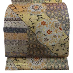【美品】 袋帯 秀品 華文 向かい鳥 金糸 箔 金色 六通 正絹 【中古】