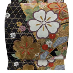 【美品】 袋帯 秀品 振袖向き 桜 源氏車 金銀糸 箔 黒 六通 正絹 【中古】