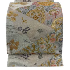 【美品】 袋帯 秀品 花唐草 花鳥 金糸 唐織 クリーム 六通 正絹 【中古】