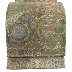 【美品】 袋帯 秀品 向かい鳥 華文 金銀糸 箔 ベージュ 六通 正絹 【中古】
