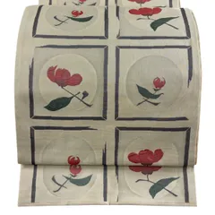 【美品】 袋帯 名品 木屋太 落款 関西仕立て 枝花 クリーム 六通 正絹 【中古】のサムネイル