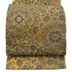【美品】 袋帯 名品 華文 花鳥 金糸 箔 山吹色 お太鼓柄 正絹 【中古】