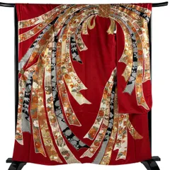 【美品】 振袖 身丈162.5cm 裄丈66cm M 袷 束ね熨斗 牡丹 金糸 金彩 赤 正絹 名品 【中古】